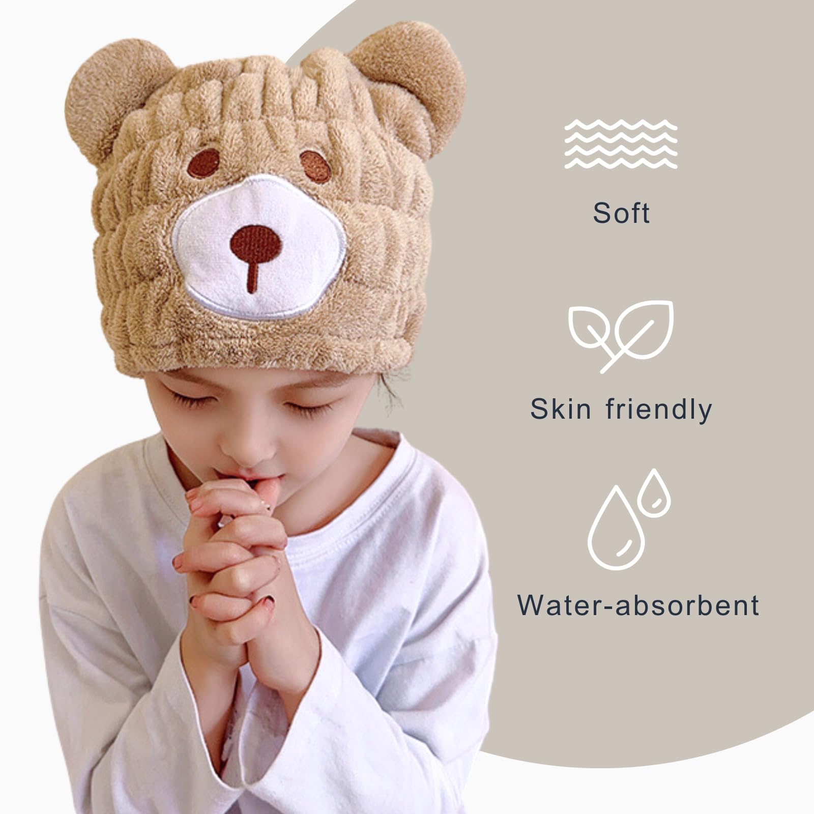 LCBD Microfiber Hair Towel Wrap for Kids, Brown Bear Dry Hair Cap Set with Hair Scrunchies, Absorbent Quick Hair Drying Towel fo